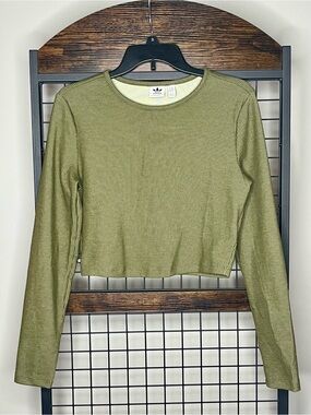 Adidas Olive Ribbed Long-Sleeve Crop Shirt